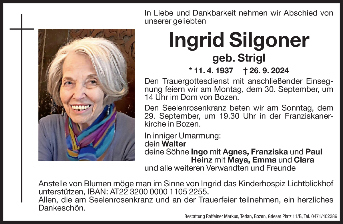  Traueranzeige für Ingrid Silgoner vom 27.09.2024 aus Dolomiten