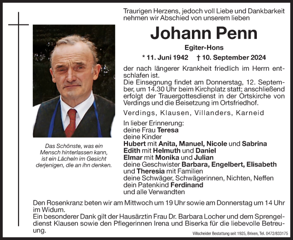 Traueranzeige von Johann Penn von Dolomiten