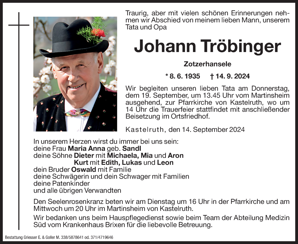  Traueranzeige für Johann Tröbinger vom 17.09.2024 aus Dolomiten