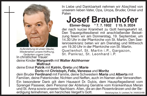 Traueranzeige von Josef Braunhofer von Dolomiten