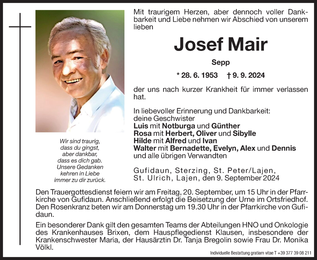  Traueranzeige für Josef Mair vom 11.09.2024 aus Dolomiten