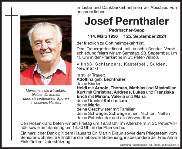 Traueranzeige von Josef Pernthaler von Dolomiten