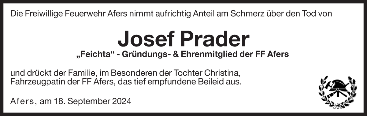  Traueranzeige für Josef Prader vom 18.09.2024 aus Dolomiten