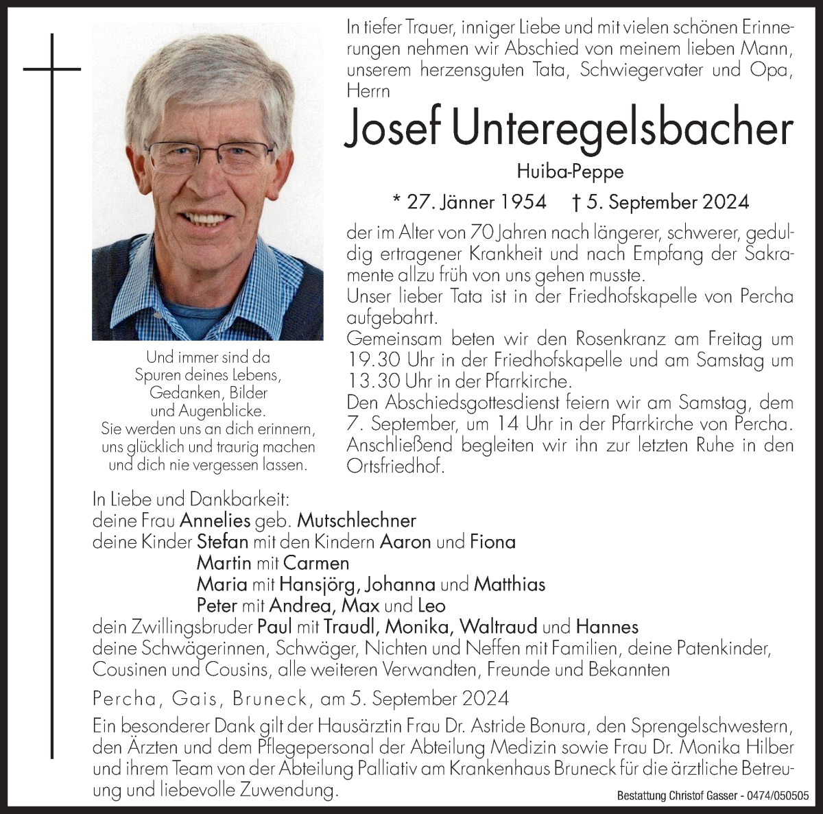  Traueranzeige für Josef Unteregelsbacher vom 06.09.2024 aus Dolomiten