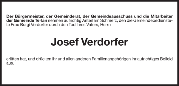 Traueranzeige von Josef Verdorfer von Dolomiten