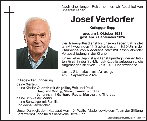 Traueranzeige von Josef Verdorfer von Dolomiten