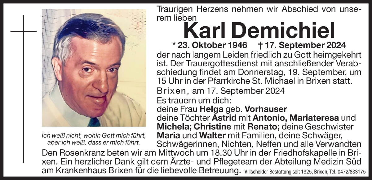  Traueranzeige für Karl Demichiel vom 18.09.2024 aus Dolomiten