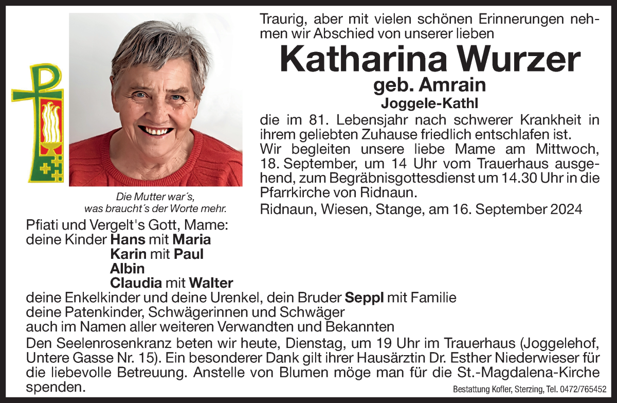  Traueranzeige für Katharina Wurzer vom 17.09.2024 aus Dolomiten