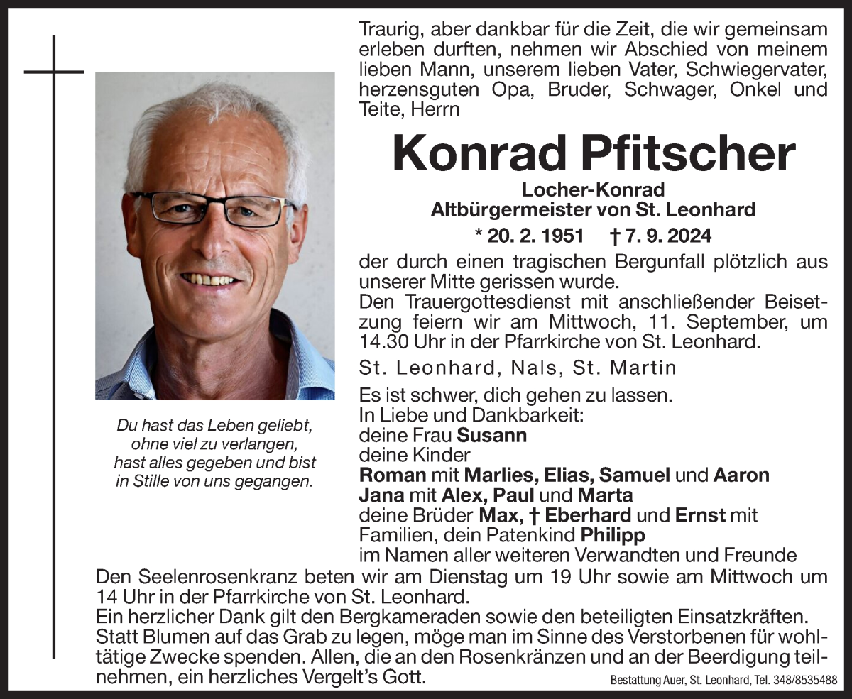  Traueranzeige für Konrad Pfitscher vom 10.09.2024 aus Dolomiten