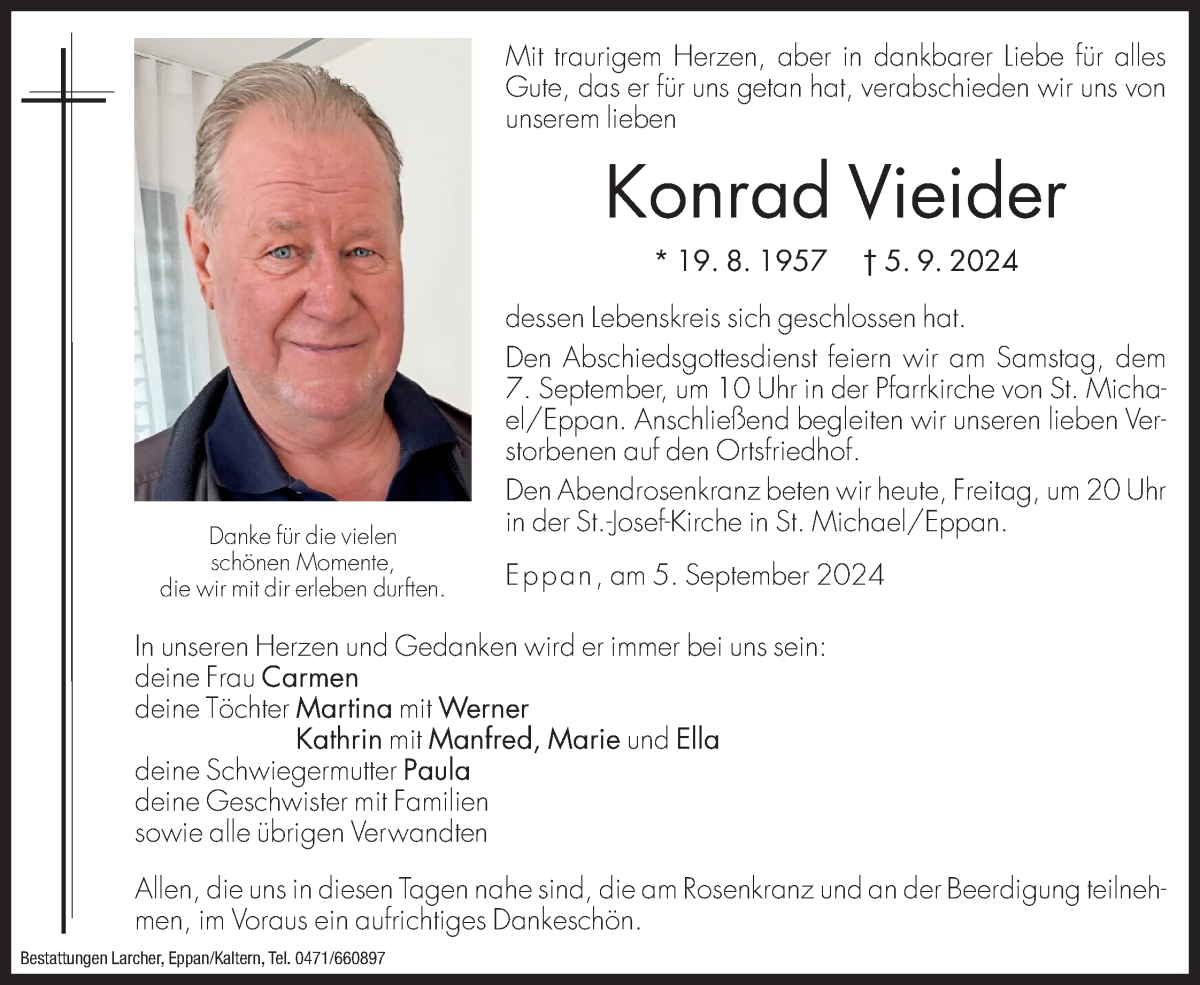  Traueranzeige für Konrad Vieider vom 06.09.2024 aus Dolomiten