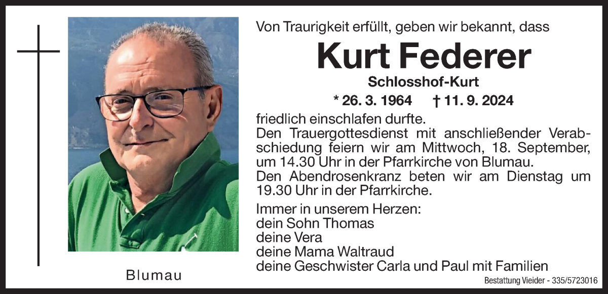  Traueranzeige für Kurt Federer vom 14.09.2024 aus Dolomiten