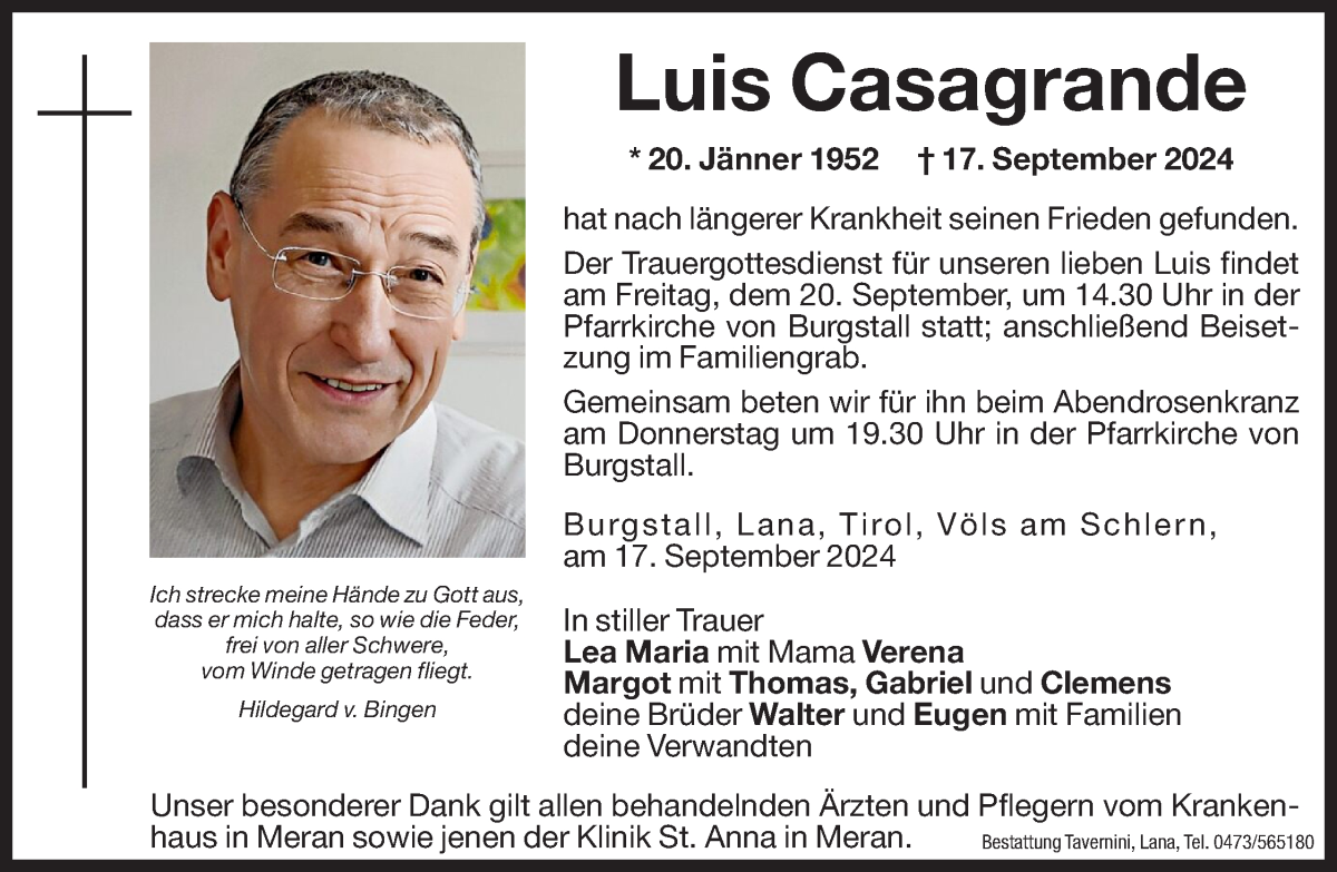  Traueranzeige für Luis Casagrande vom 19.09.2024 aus Dolomiten