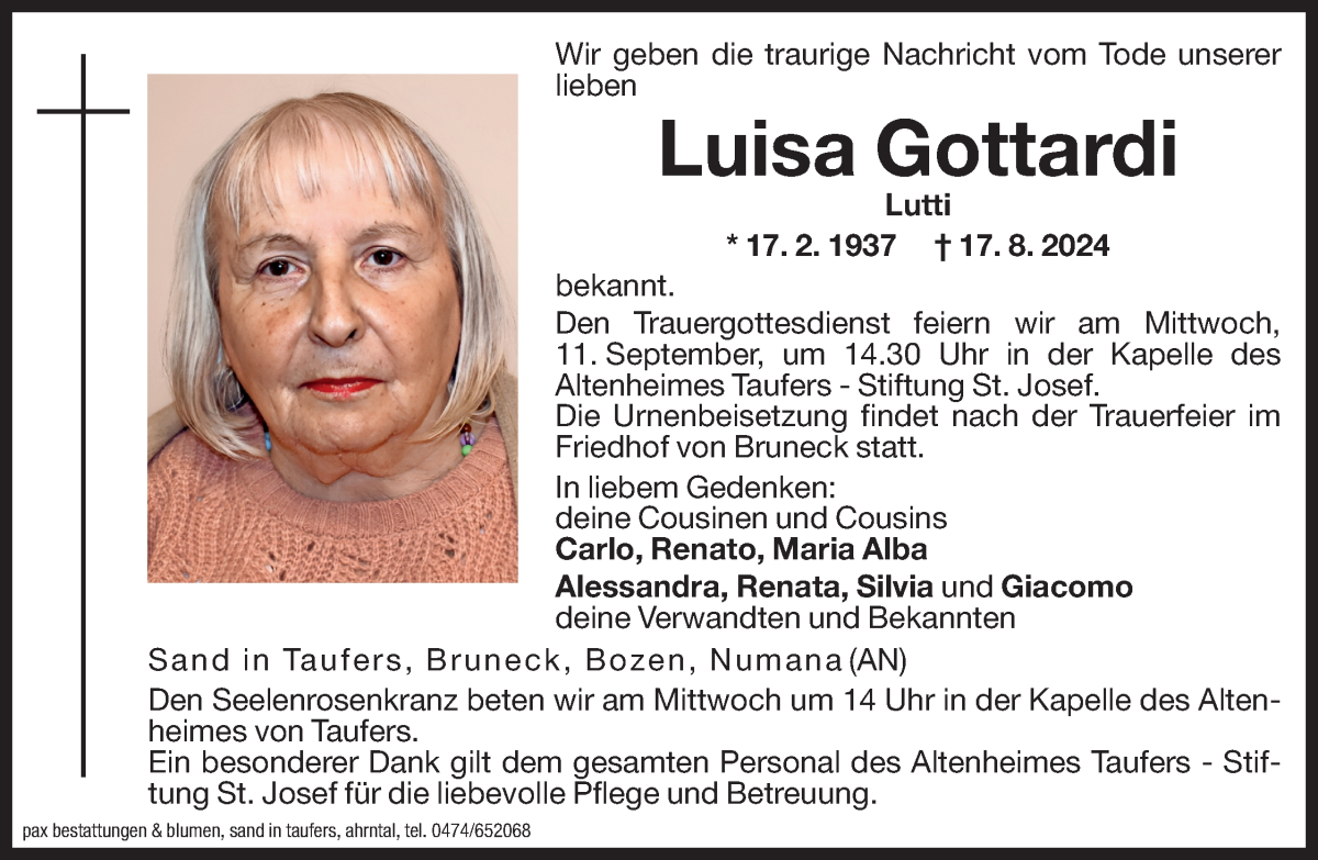  Traueranzeige für Luisa Gottardi vom 07.09.2024 aus Dolomiten