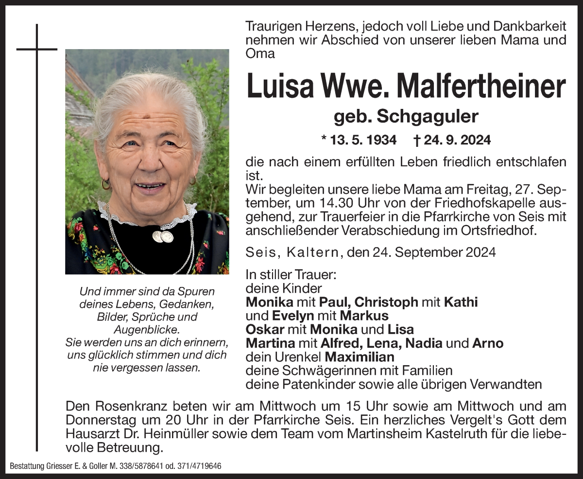  Traueranzeige für Luisa Malfertheiner vom 25.09.2024 aus Dolomiten