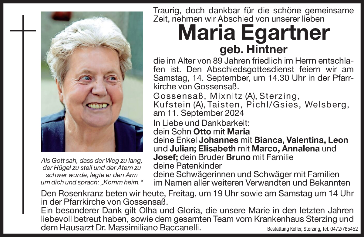  Traueranzeige für Maria Egartner vom 13.09.2024 aus Dolomiten