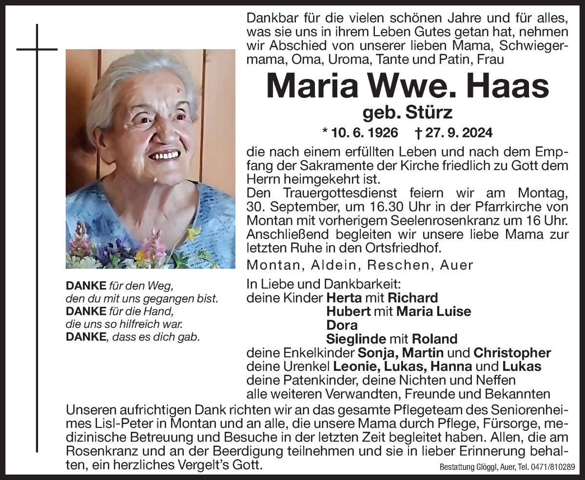  Traueranzeige für Maria Haas vom 30.09.2024 aus Dolomiten