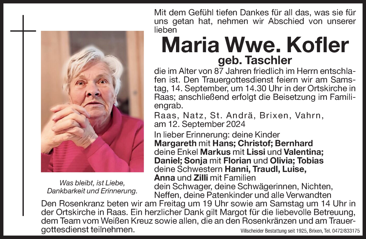  Traueranzeige für Maria Kofler vom 13.09.2024 aus Dolomiten