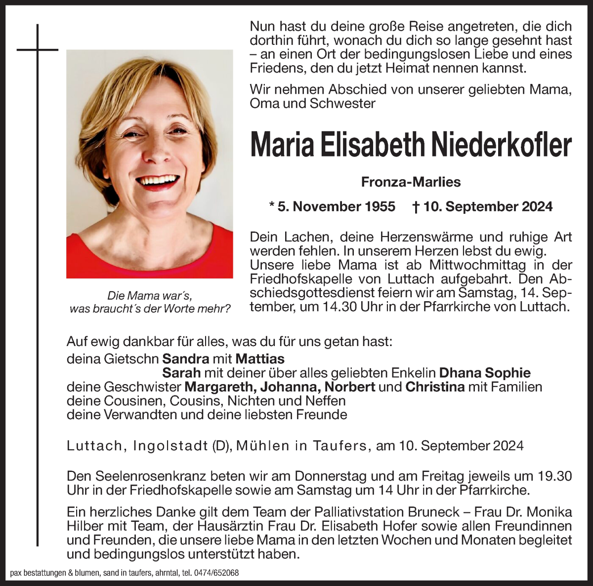  Traueranzeige für Maria Elisabeth Niederkofler vom 12.09.2024 aus Dolomiten