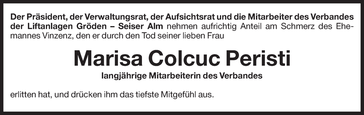  Traueranzeige für Marisa Colcuc Peristi vom 14.09.2024 aus Dolomiten