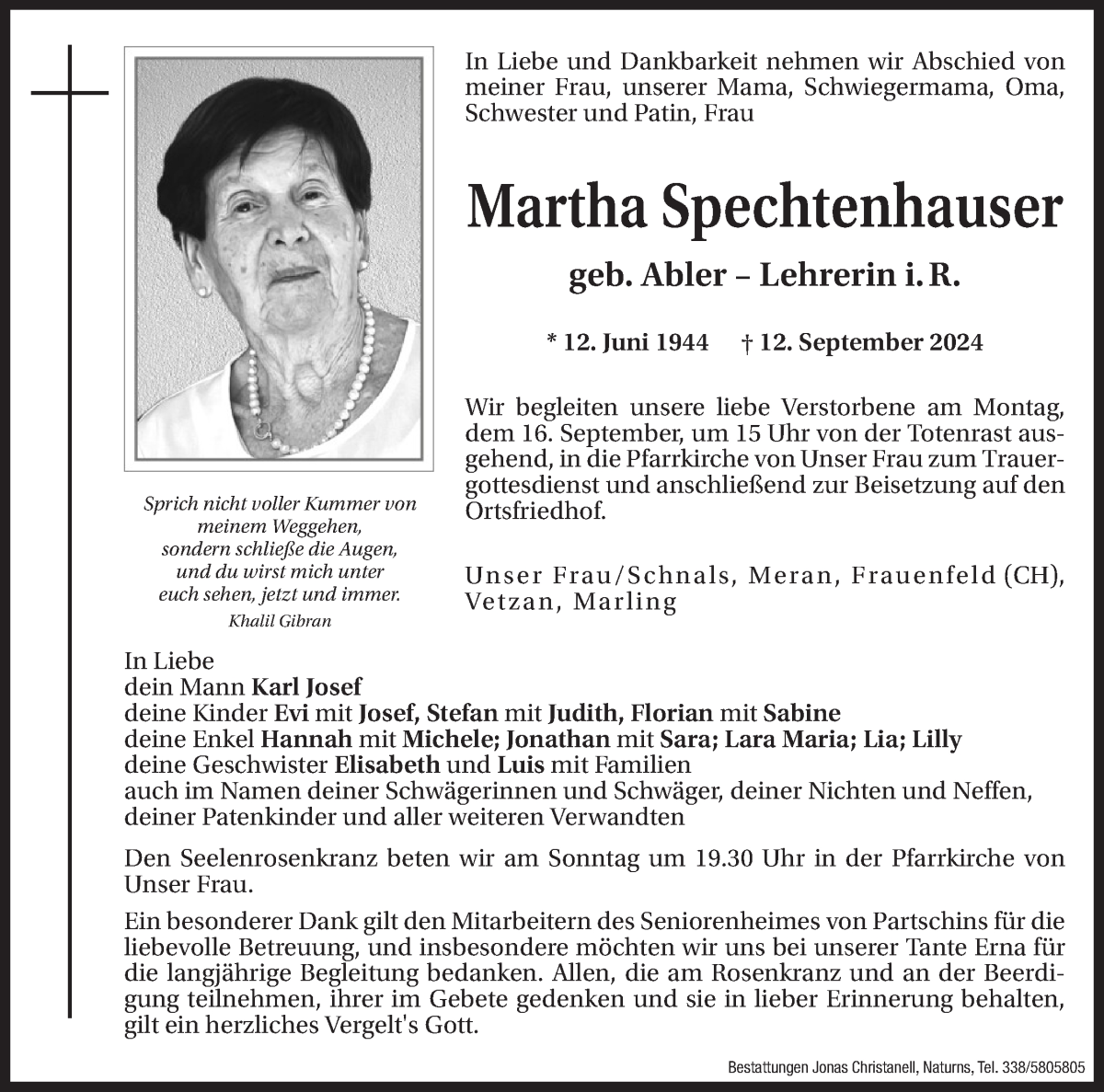  Traueranzeige für Martha Spechtenhauser vom 14.09.2024 aus Dolomiten