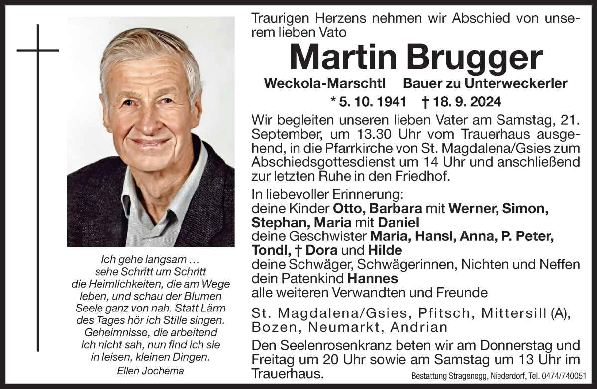  Traueranzeige für Martin Brugger vom 19.09.2024 aus Dolomiten