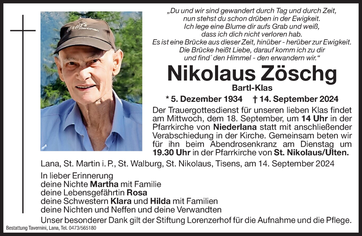  Traueranzeige für Nikolaus Zöschg vom 16.09.2024 aus Dolomiten