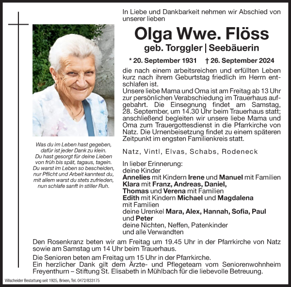 Traueranzeige von Olga Flöss von Dolomiten