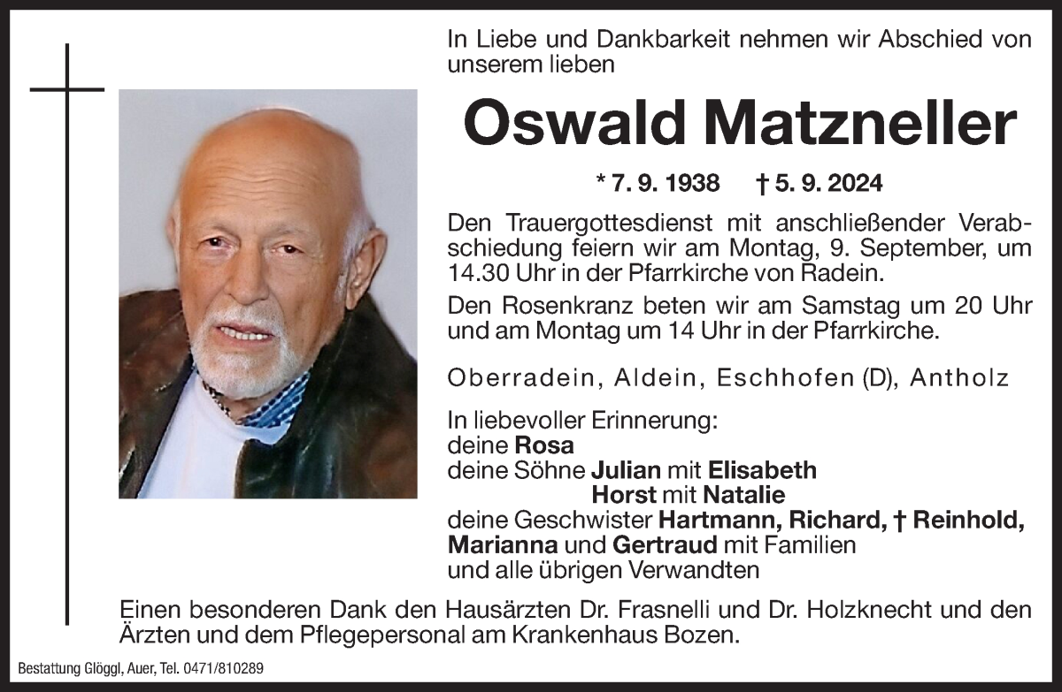  Traueranzeige für Oswald Matzneller vom 06.09.2024 aus Dolomiten