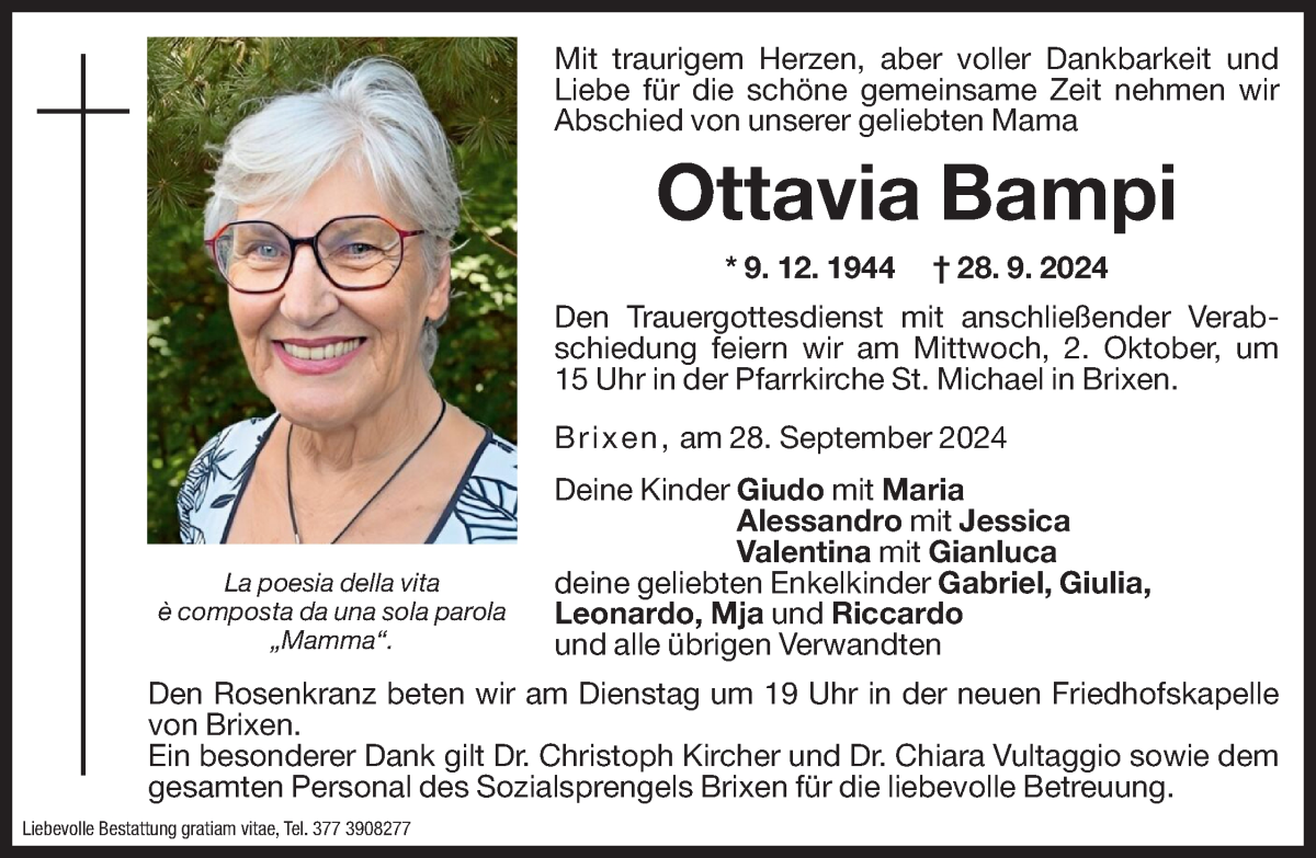  Traueranzeige für Ottavia Bampi vom 30.09.2024 aus Dolomiten