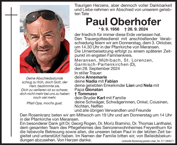 Traueranzeige von Paul Oberhofer von Dolomiten