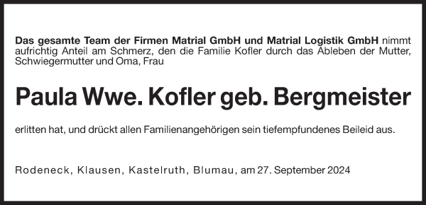 Traueranzeige von Paula Kofler von Dolomiten