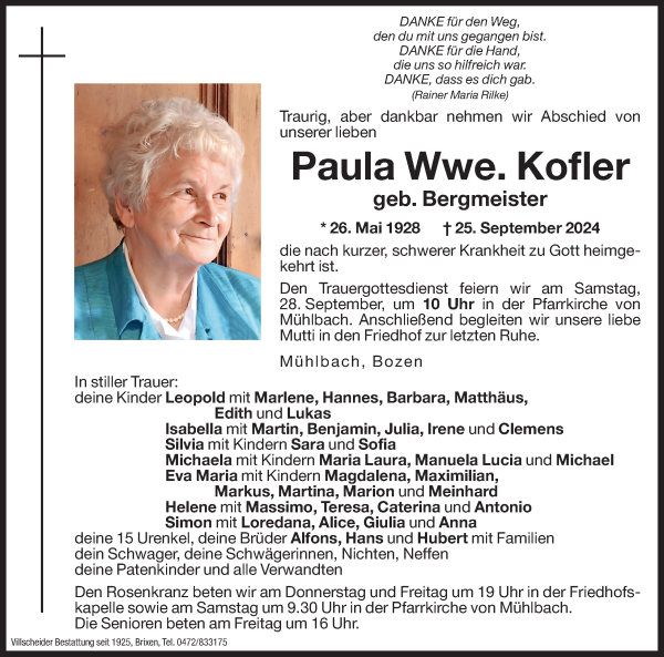 Traueranzeige von Paula Kofler von Dolomiten