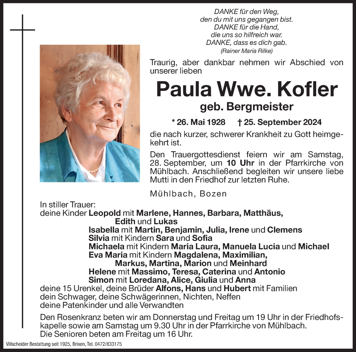  Traueranzeige für Paula Kofler vom 26.09.2024 aus Dolomiten