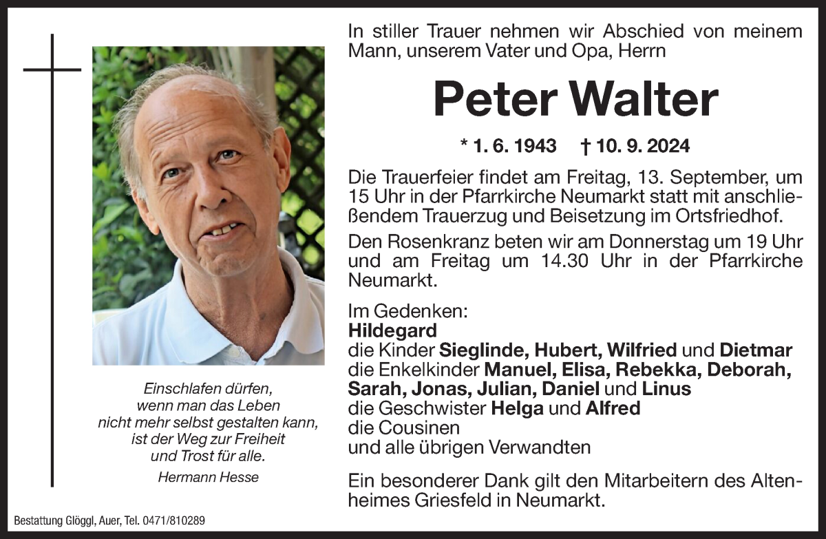  Traueranzeige für Peter Walter vom 11.09.2024 aus Dolomiten