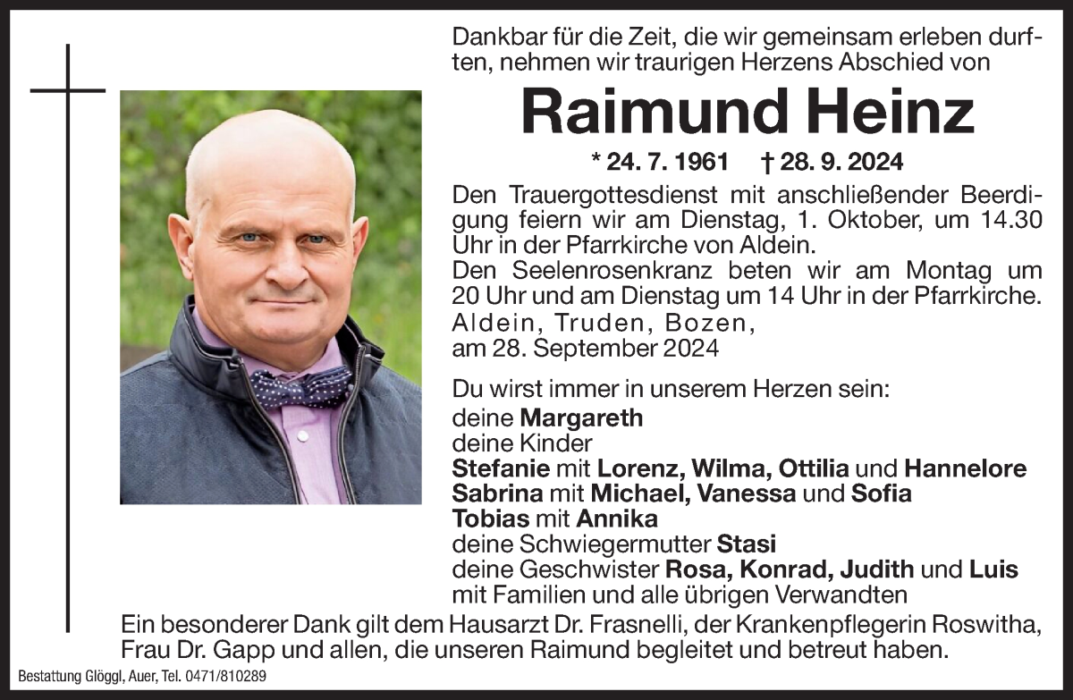  Traueranzeige für Raimund Heinz vom 30.09.2024 aus Dolomiten