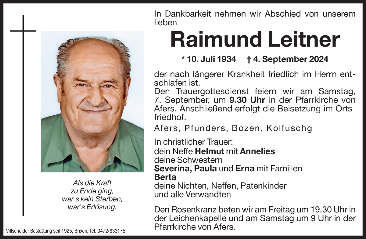  Traueranzeige für Raimund Leitner vom 05.09.2024 aus Dolomiten