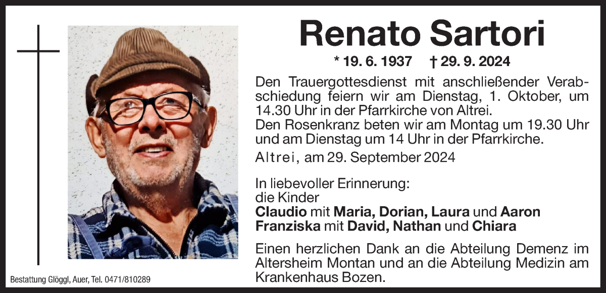  Traueranzeige für Renato Sartori vom 30.09.2024 aus Dolomiten