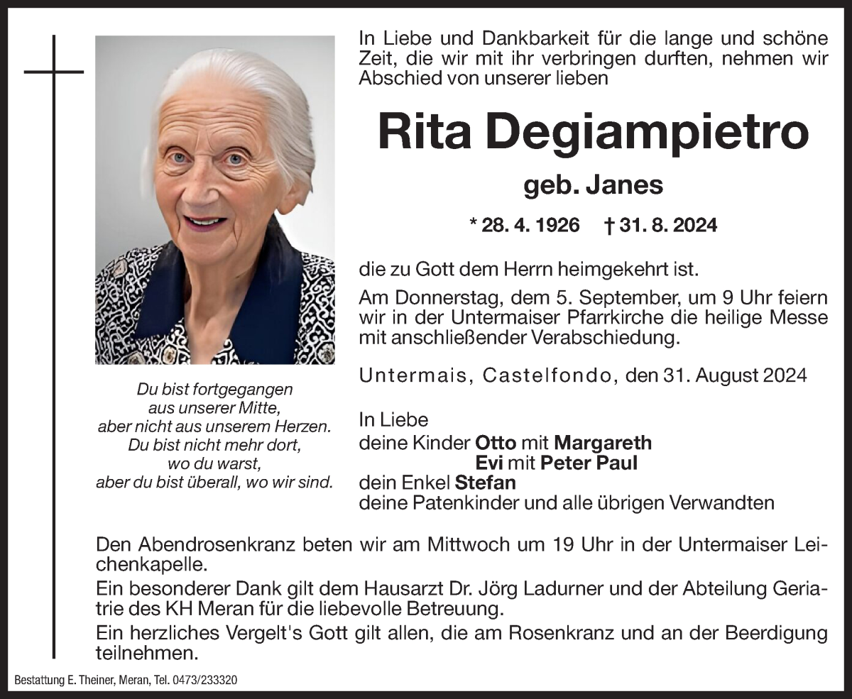  Traueranzeige für Rita Degiampietro vom 03.09.2024 aus Dolomiten