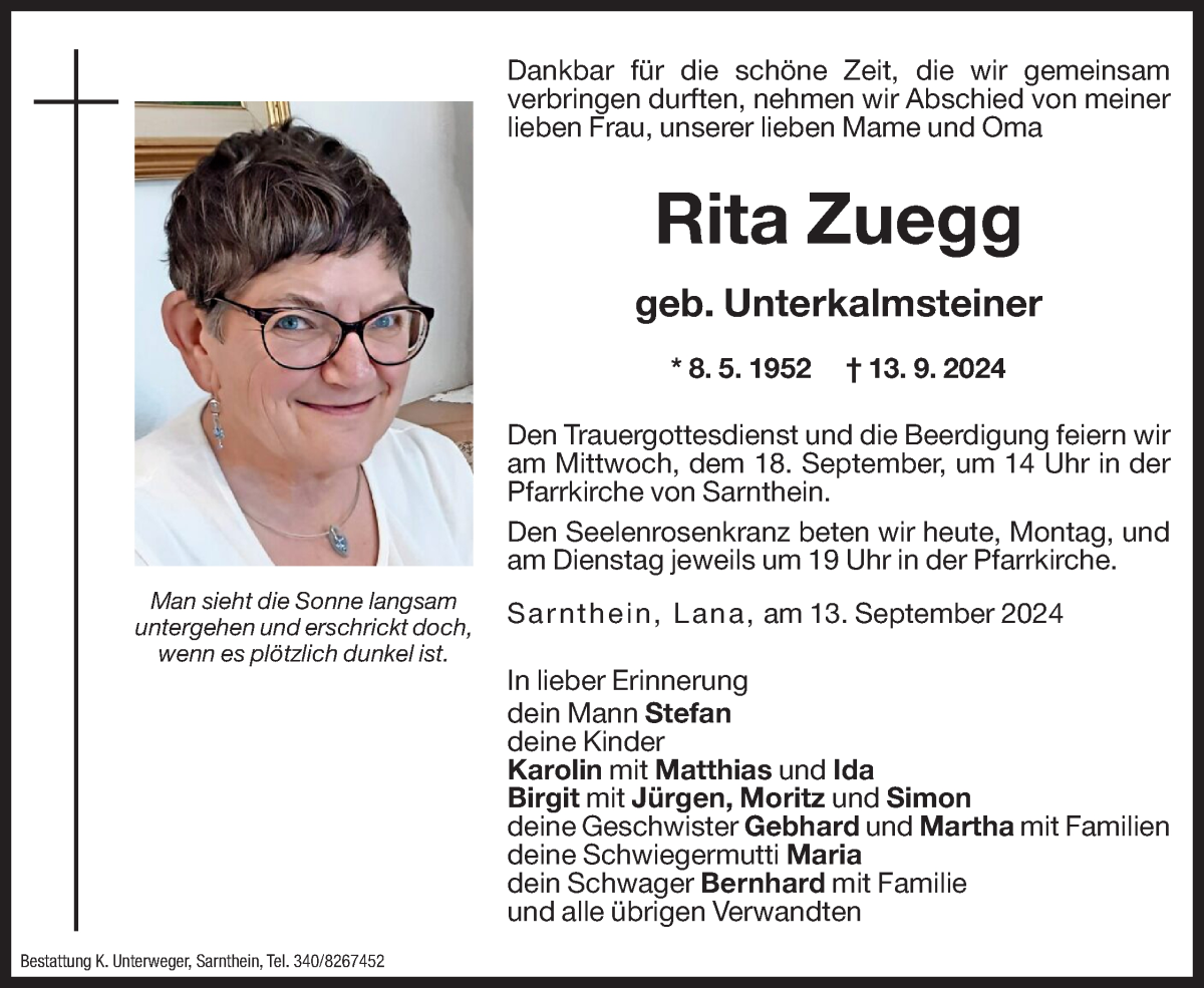  Traueranzeige für Rita Zuegg vom 16.09.2024 aus Dolomiten