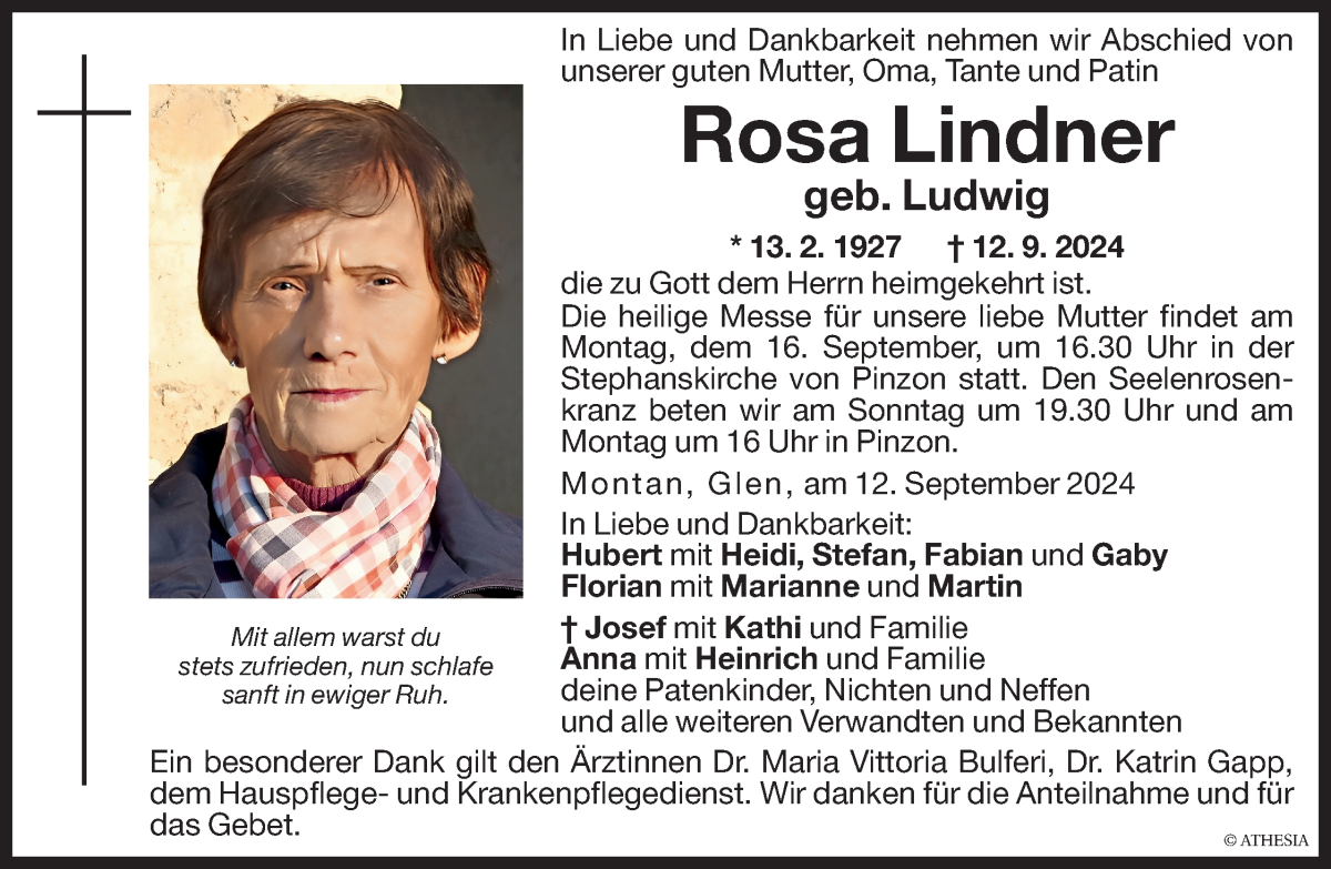  Traueranzeige für Rosa Lindner vom 13.09.2024 aus Dolomiten