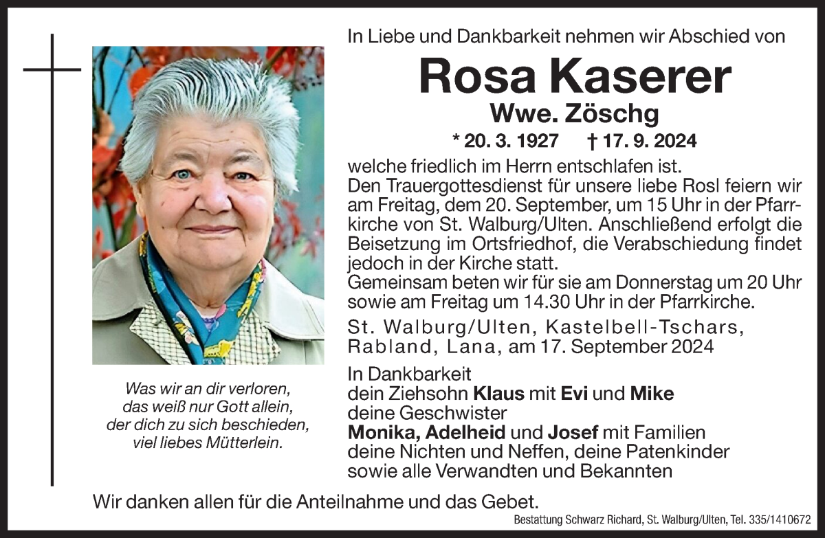  Traueranzeige für Rosa Zöschg vom 19.09.2024 aus Dolomiten