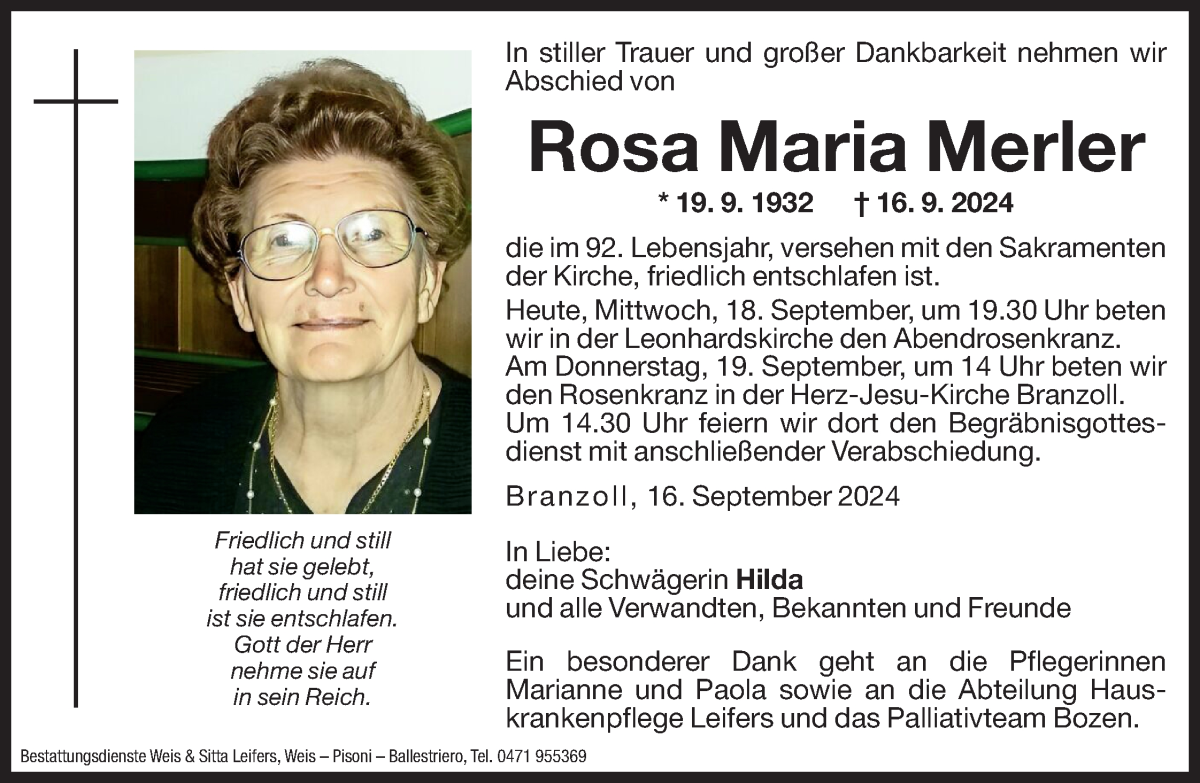  Traueranzeige für Rosa Maria Merler vom 18.09.2024 aus Dolomiten