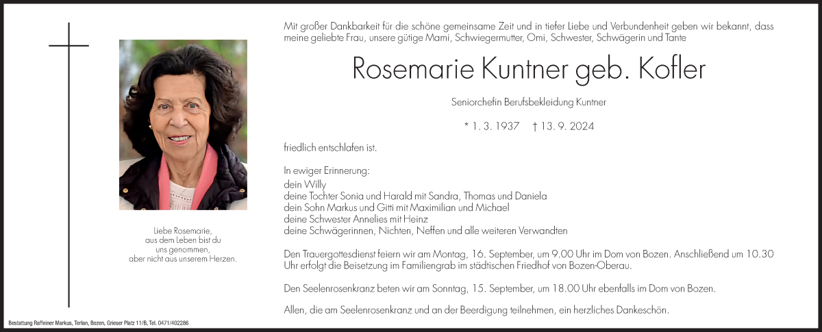  Traueranzeige für Rosemarie Kuntner vom 14.09.2024 aus Dolomiten