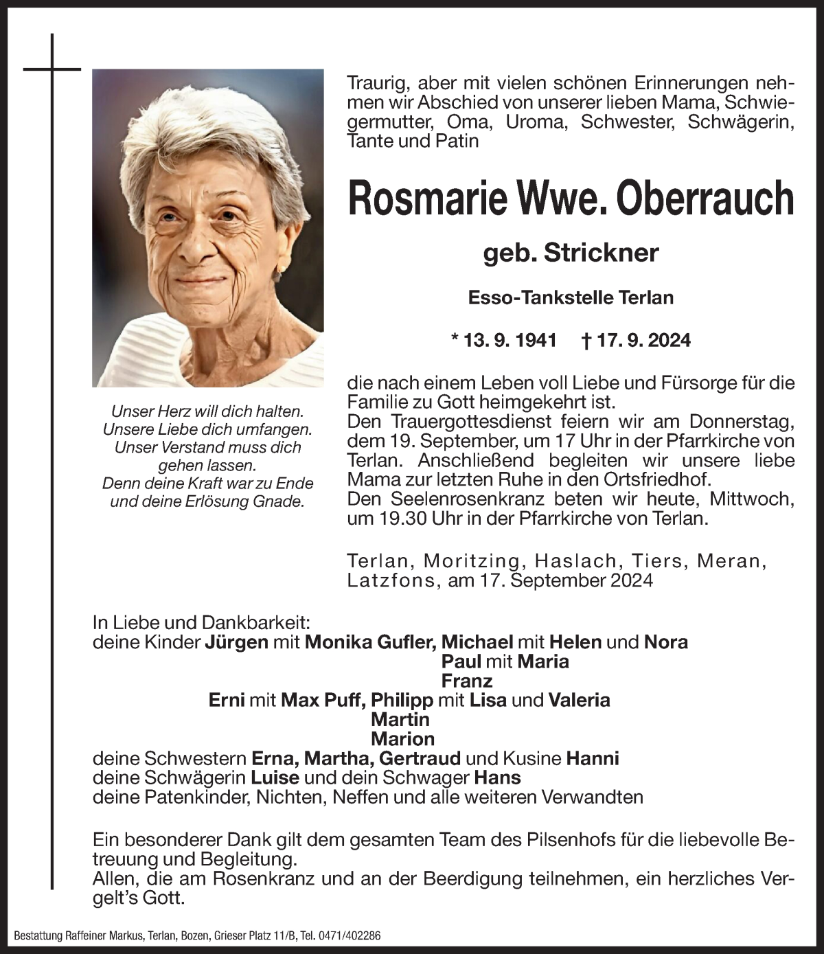  Traueranzeige für Rosmarie Oberrauch vom 18.09.2024 aus Dolomiten