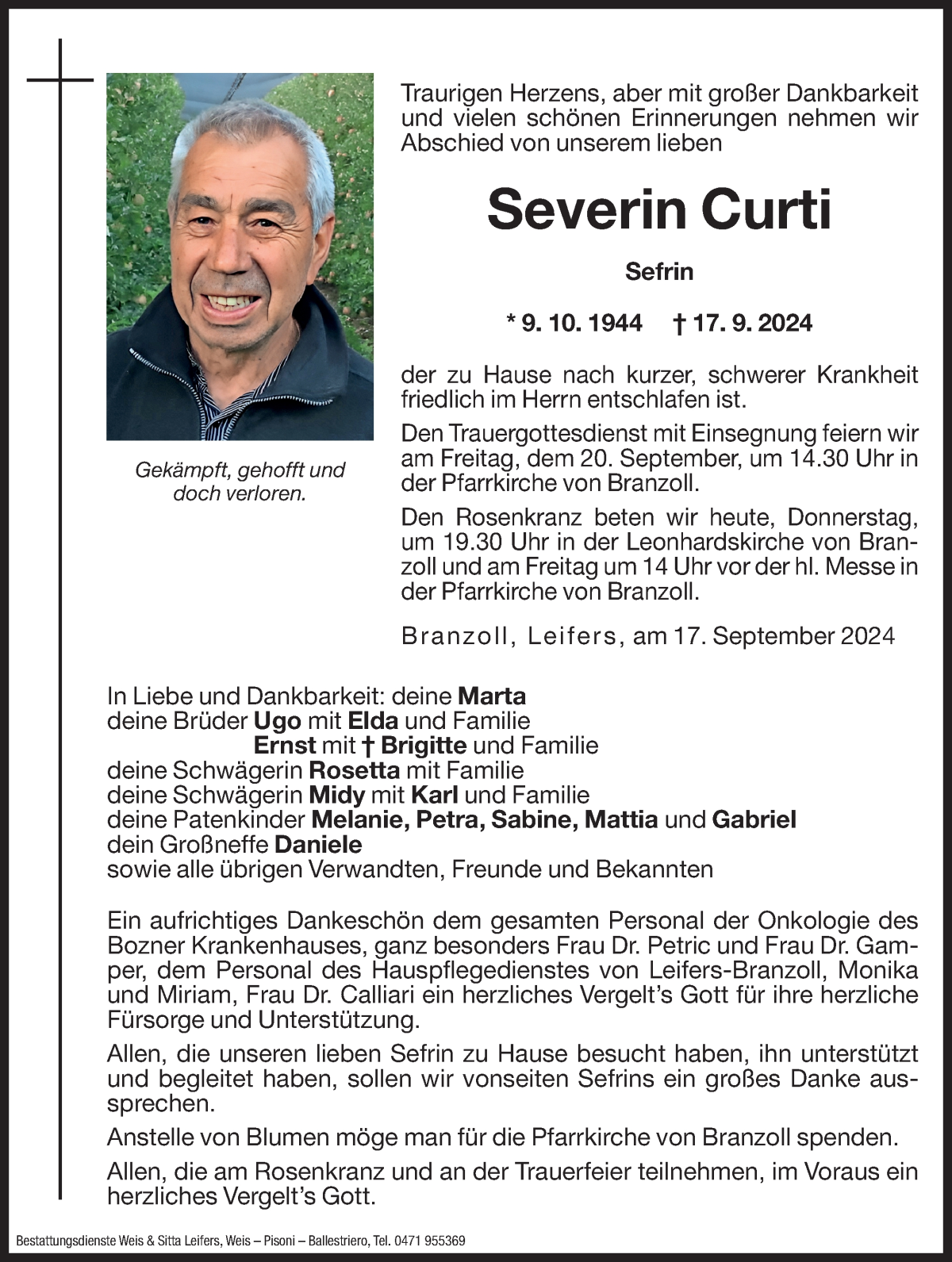  Traueranzeige für Severin Curti vom 19.09.2024 aus Dolomiten