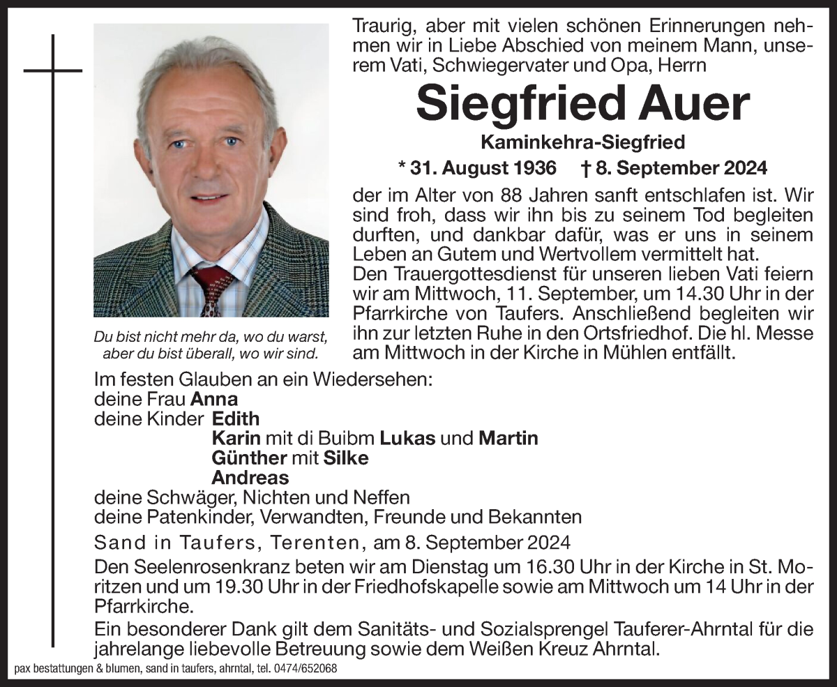  Traueranzeige für Siegfried Auer vom 10.09.2024 aus Dolomiten