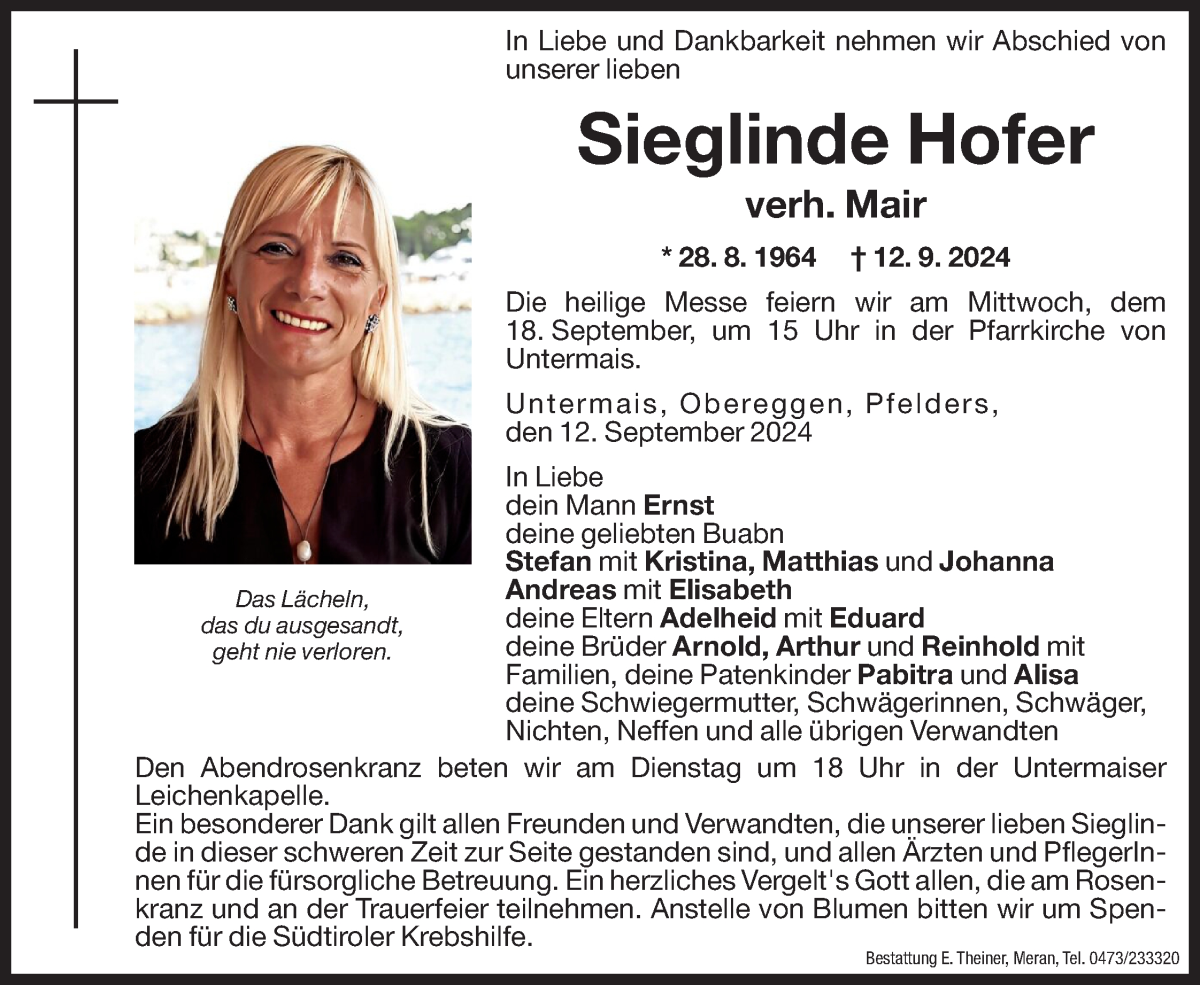  Traueranzeige für Sieglinde Mair vom 14.09.2024 aus Dolomiten