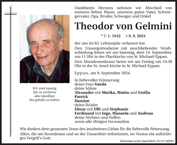 Traueranzeige von Theodor von Gelmini von Dolomiten