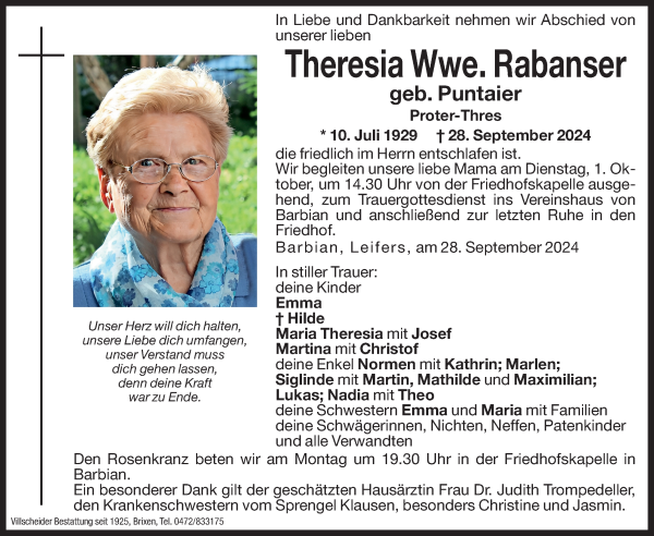 Traueranzeige von Theresia Rabanser von Dolomiten