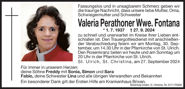 Traueranzeige von Valeria Fontana von Dolomiten